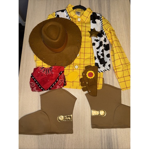 Other - Disney Store Woody Costume Yellow Grid Shirt Cow Print Vest Size Kid